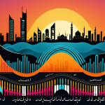 **Prompt:** A vibrant, modern infographic depicting traditional Arabic music instruments morphing into digital audio waveforms. The background features a stylized skyline of a Middle Eastern city at sunset. The style should be clean, with bold colors and Arabic calligraphy accents. Focus on illustrating the evolution of local knowledge and heritage through data visualization.