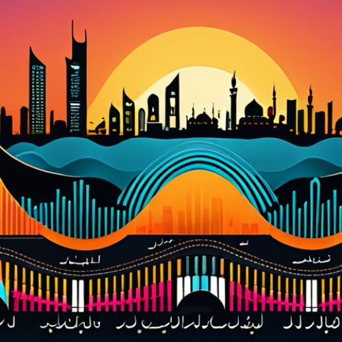 Home 15 **Prompt:** A vibrant, modern infographic depicting traditional Arabic music instruments morphing into digital audio waveforms. The background features a stylized skyline of a Middle Eastern city at sunset. The style should be clean, with bold colors and Arabic calligraphy accents. Focus on illustrating the evolution of local knowledge and heritage through data visualization.