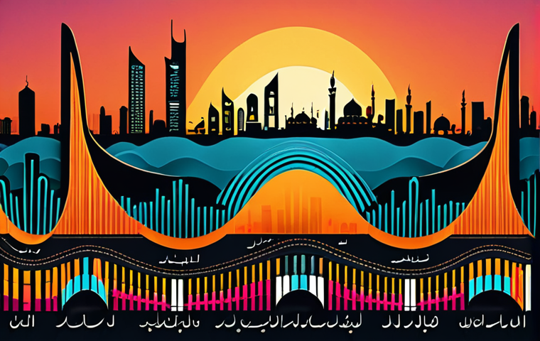 **Prompt:** A vibrant, modern infographic depicting traditional Arabic music instruments morphing into digital audio waveforms. The background features a stylized skyline of a Middle Eastern city at sunset. The style should be clean, with bold colors and Arabic calligraphy accents. Focus on illustrating the evolution of local knowledge and heritage through data visualization.