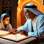 A visually rich image portraying an elderly Arab storyteller or artisan (e.g., a grandmother or grandfather) gently sharing traditional knowledge with a curious young Arab child. The scene blends warmth and heritage with subtle futuristic elements: digital light trails representing AI processing and data flow interweaving with traditional patterns, and glowing, interconnected blockchain nodes forming a protective, transparent layer around ancient scrolls or artifacts, symbolizing secure digital preservation. The ambiance is one of hope and continuity, highlighting the blend of timeless wisdom and cutting-edge technology in an authentic Arab setting.