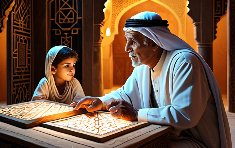 A visually rich image portraying an elderly Arab storyteller or artisan (e.g., a grandmother or grandfather) gently sharing traditional knowledge with a curious young Arab child. The scene blends warmth and heritage with subtle futuristic elements: digital light trails representing AI processing and data flow interweaving with traditional patterns, and glowing, interconnected blockchain nodes forming a protective, transparent layer around ancient scrolls or artifacts, symbolizing secure digital preservation. The ambiance is one of hope and continuity, highlighting the blend of timeless wisdom and cutting-edge technology in an authentic Arab setting.