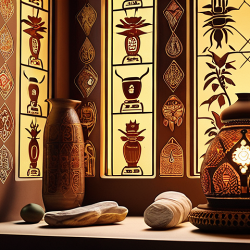 Home 7 **Image Prompt:** "Database connecting to ancient wisdom. A glowing digital interface displaying traditional remedies, environmental practices, and artisan crafts. Blended Arabesque and modern tech style, warm lighting."
