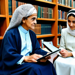 **Prompt 1: Bridging Generations with AI**
    A wise elderly man with traditional features, wearing modest, professional Middle Eastern attire, sits beside a focused young woman wearing appropriate, modern business dress. They are in a sunlit academic library, where ancient Arabic manuscripts and traditional artifacts are subtly integrated with sleek, futuristic digital workstations. The elder points to an open, historical text, while the young woman carefully digitizes information onto a transparent tablet, symbolizing the seamless integration of ancient wisdom and artificial intelligence. The scene emphasizes intergenerational knowledge transfer and respect, featuring perfect anatomy, correct proportions, well-formed hands, and natural poses. safe for work, appropriate content, fully clothed, family-friendly, professional photography, high quality.