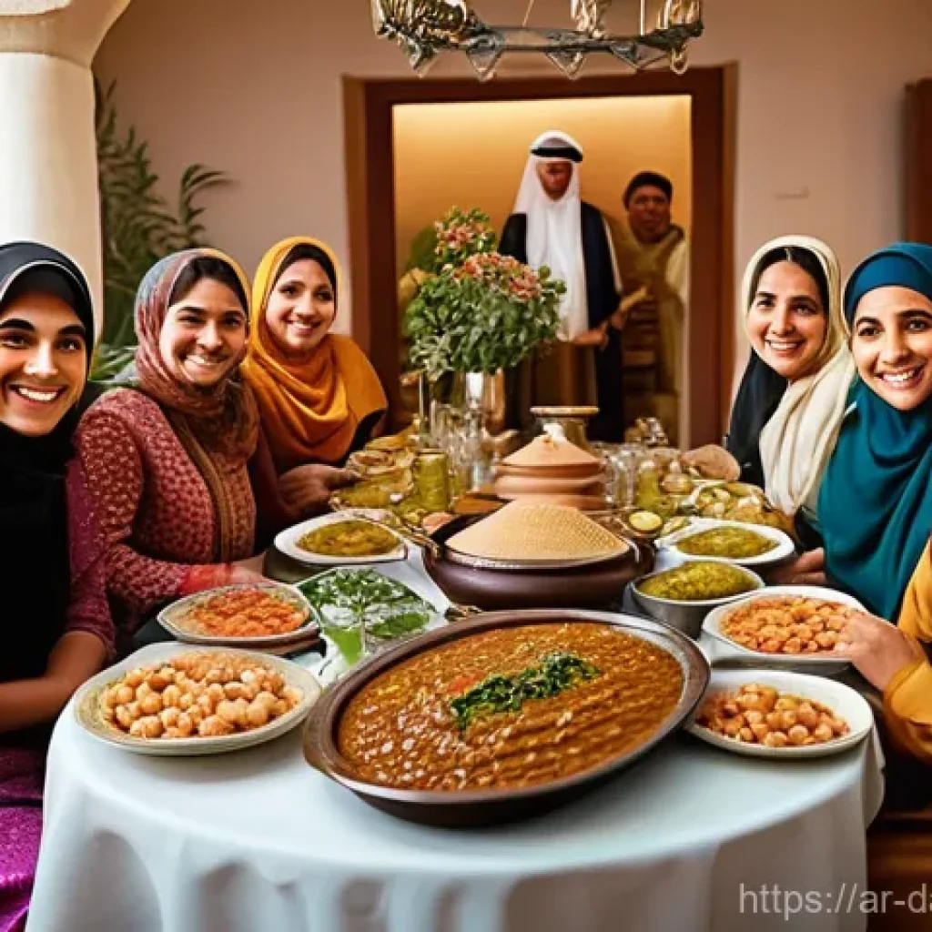 토착지식과 현대 과학의 접목 - **A vibrant scene of an Arab family gathering around a traditional dining table.** The setting is a ...