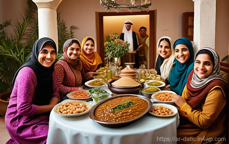 토착지식과 현대 과학의 접목 - **A vibrant scene of an Arab family gathering around a traditional dining table.** The setting is a ...