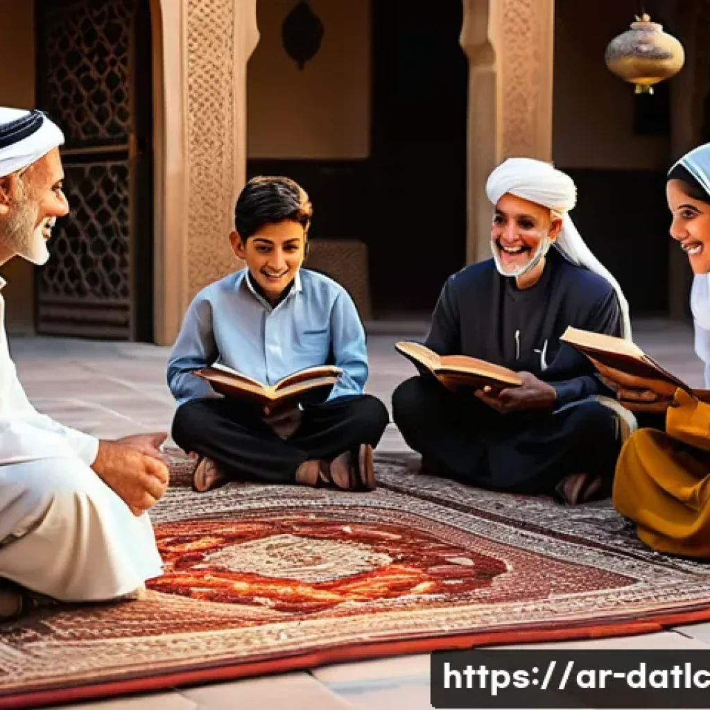 토착지식 데이터베이스의 사회적 가치 - A warm, vibrant scene depicting an elderly Arab storyteller surrounded by attentive children and adu...