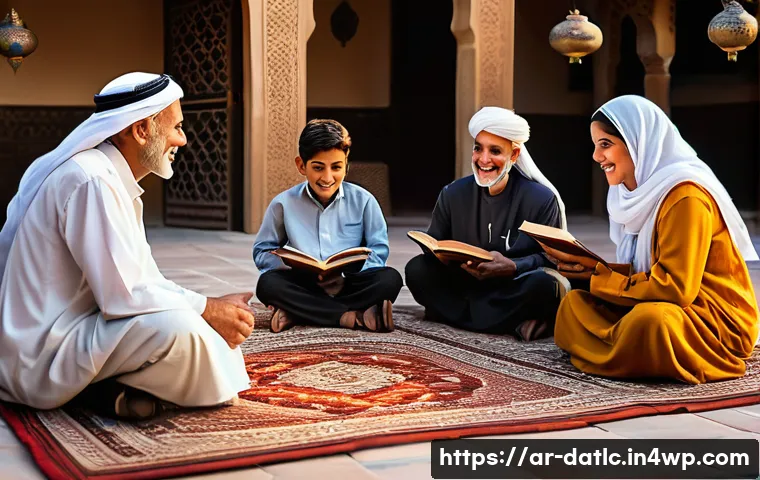 토착지식 데이터베이스의 사회적 가치 - A warm, vibrant scene depicting an elderly Arab storyteller surrounded by attentive children and adu...