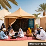 Home 17 토착지식 데이터베이스 구축을 위한 기술 - A vibrant scene depicting a diverse group of Arabic-speaking community members in traditional clothi...