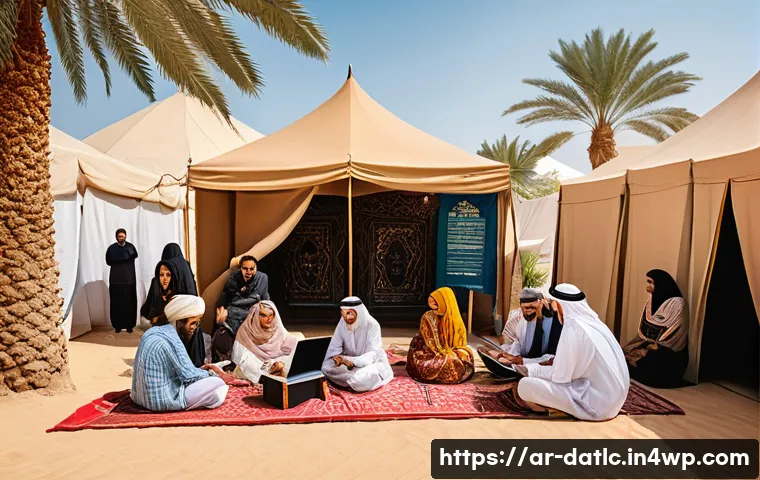 토착지식 데이터베이스 구축을 위한 기술 - A vibrant scene depicting a diverse group of Arabic-speaking community members in traditional clothi...