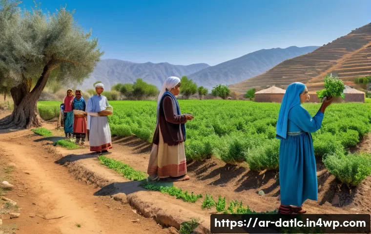 토착지식 데이터베이스와 환경 보존 - A vibrant scene depicting indigenous Arab community members practicing sustainable agriculture in a ...