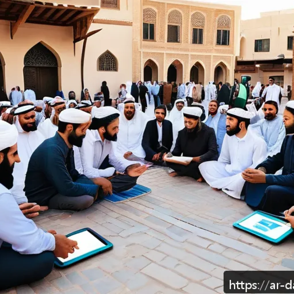 토착지식 데이터베이스의 협력 네트워크 구축 - A vibrant community meeting in a Middle Eastern town square, featuring diverse local residents inclu...