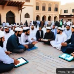 Home 21 토착지식 데이터베이스의 협력 네트워크 구축 - A vibrant community meeting in a Middle Eastern town square, featuring diverse local residents inclu...