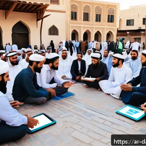 Home 15 토착지식 데이터베이스의 협력 네트워크 구축 - A vibrant community meeting in a Middle Eastern town square, featuring diverse local residents inclu...