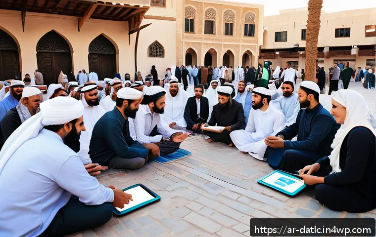토착지식 데이터베이스의 협력 네트워크 구축 - A vibrant community meeting in a Middle Eastern town square, featuring diverse local residents inclu...