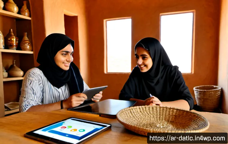 Home 17 토착지식 데이터베이스의 사용자 요구 분석 - Photorealistic user research session in a sunlit Arabian community library, an Arab UX researcher re...