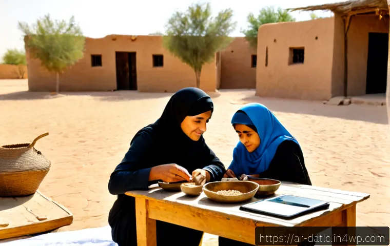 토착지식 데이터베이스와 커뮤니티 회복력 - Photorealistic documentary-style scene of an Arab community knowledge archive: an elderly Bedouin wo...