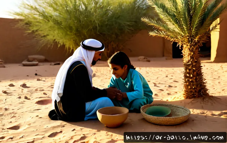 토착지식의 정의와 역사 - Photorealistic documentary scene of an elderly Arab desert guide in modest traditional clothing teac...