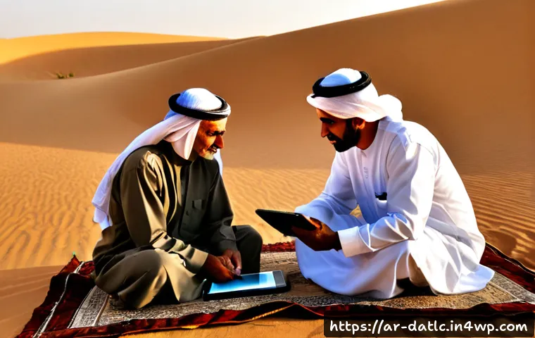 효과적인 토착지식 관리 전략 - Photorealistic documentary scene of an Arab desert community knowledge-sharing circle, a respected e...